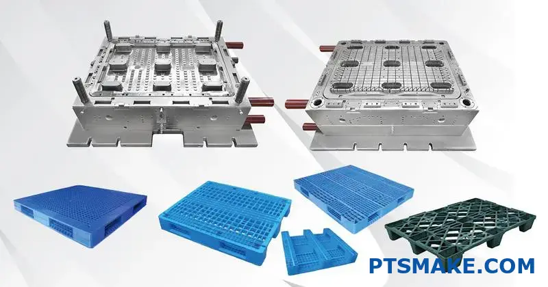 قالبان وأربع منصات زرقاء على خلفية بيضاء