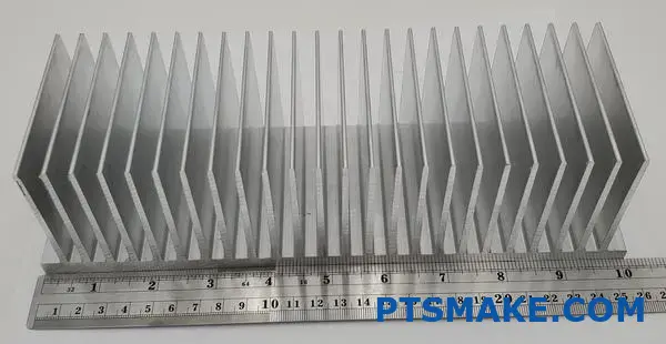 CNC machined aluminum heat sink with ruler for scale