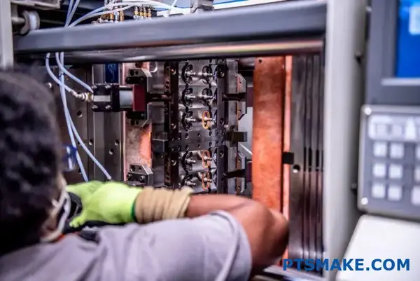 Technician Adjusting Plastic Injection Mold In Machine