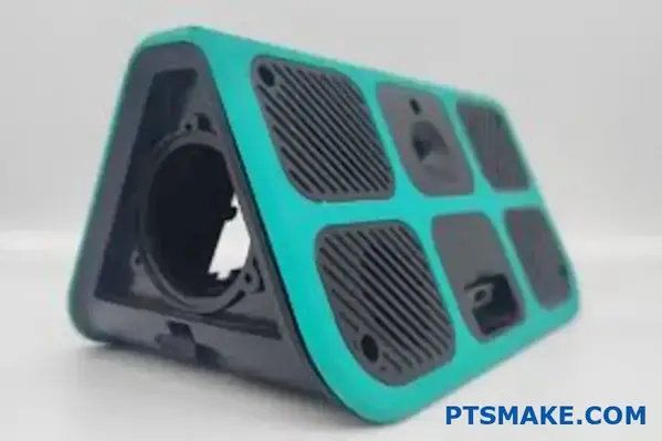 Triangular plastic speaker housing with textured surface