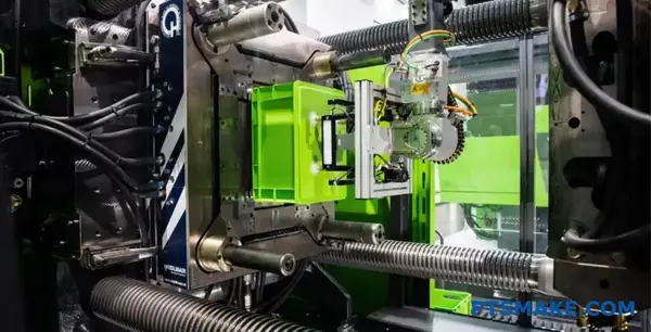 Automated injection molding machine with robotic arm inside