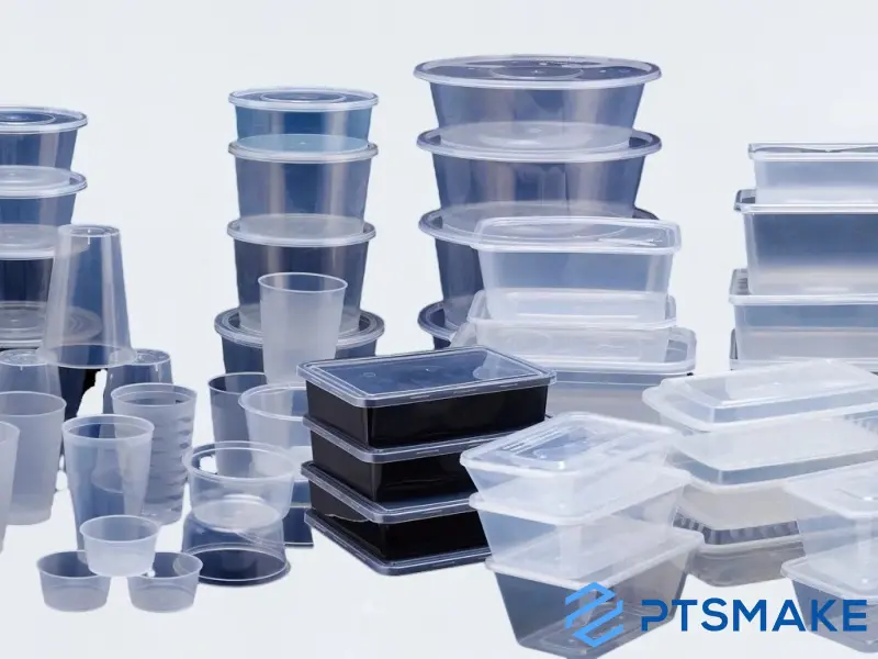 Various plastic containers stacked and arranged in groups