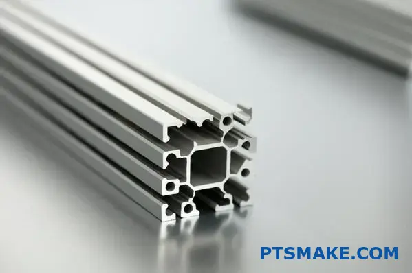 Detailný pohľad na drážkovaný strieborný hliníkový profil s t-drážkou na pracovnom stole