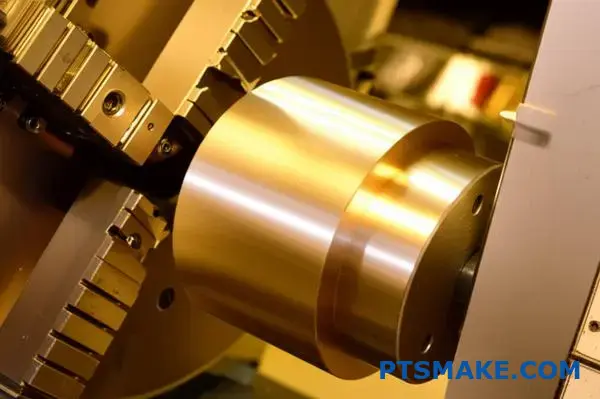 bronze round part being cut on cnc machine with smooth surface finish