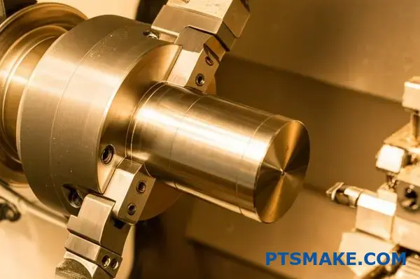 CNC lathe cutting a bronze round part with clean surface finish