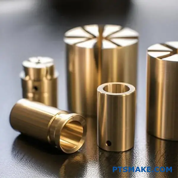 Close-up of CNC machined bronze and steel parts on workshop surface