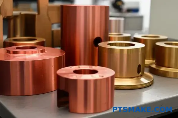 cnc machined bronze bushings and aluminum bronze wear parts on workshop table