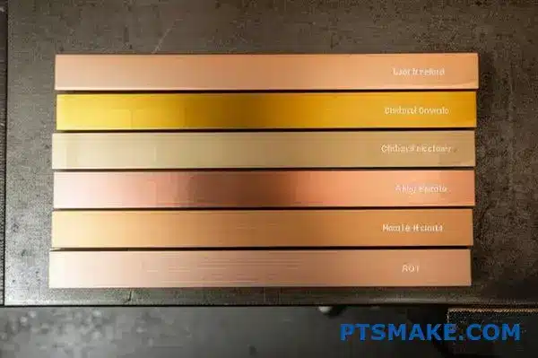Different types of cnc machined bronze alloys in bar form on a workbench