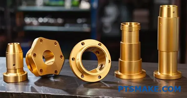 Multiple bronze alloy cast parts on a workbench demonstrating cnc machining bronze standards