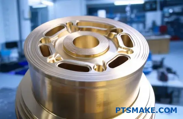 CNC machined bronze component with smooth finish and complex shape