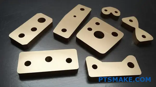 Multiple CNC machined bronze parts with smooth edges and clean cuts