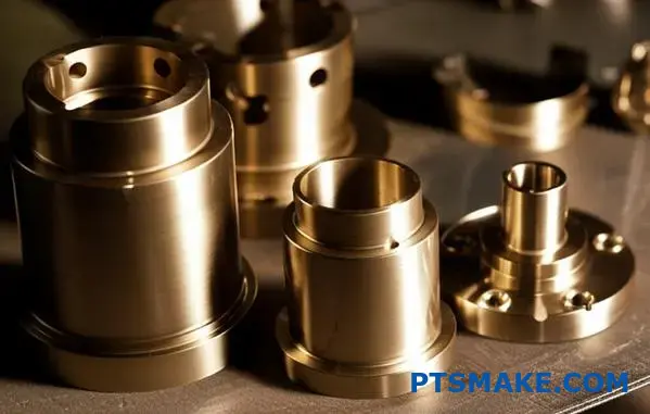 bronze cnc machined components on workshop table with brushed finish