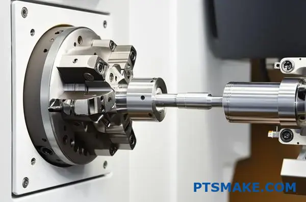 metalldel bearbetas i en schweizisk cnc-svarv med rörlig huvuddocka