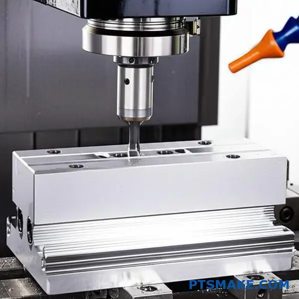 närbild av CNC-fräsmaskin som fräser ett stationärt aluminiumblock