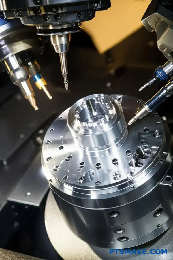 Schweizisk CNC-maskin med levande verktyg som borrar och fräser en precisionsmetalldel