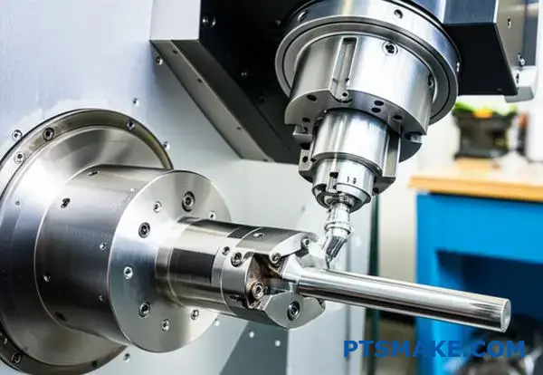 precision swiss cnc subspindel som griper metalldel för sekundär bearbetning