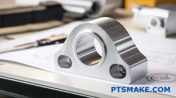 swiss cnc-bearbetad aluminiumdel med metrologiverktyg och tekniska ritningar