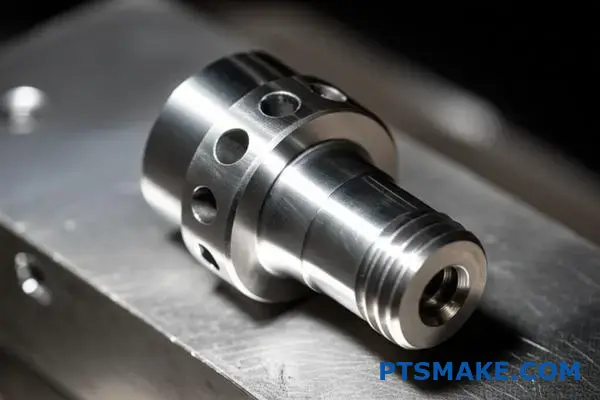 Högprecisionsståldel tillverkad med schweizisk cnc-bearbetning placerad på arbetsbänk