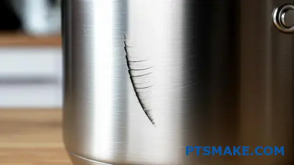 Hlboko poškriabaný eloxovaný hliníkový hrniec s odhaleným kovom na povrchu kuchyne