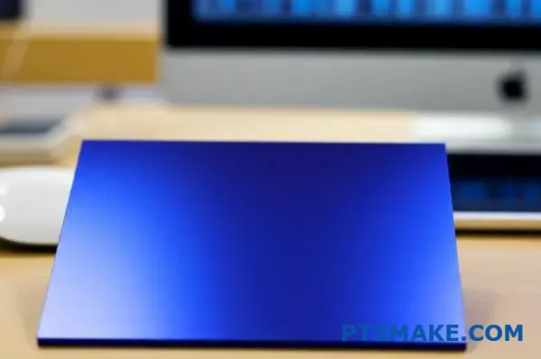 Modro eloxovaný hliníkový panel s hladkým matným povrchom a silnou ochrannou vrstvou oxidu