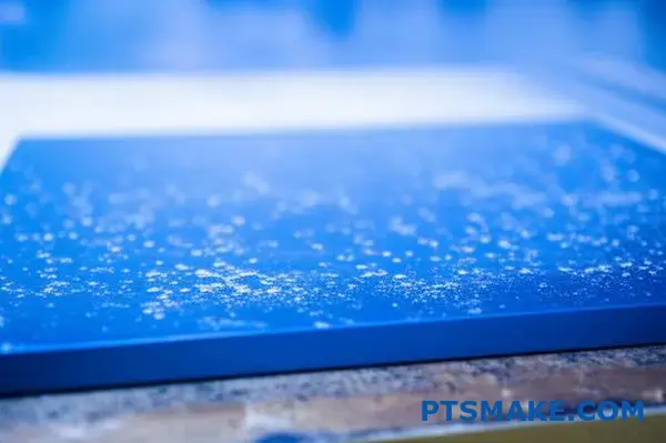 Modrý eloxovaný hliník vykazujúci známky korózie a vyblednutia v pobrežnom prostredí