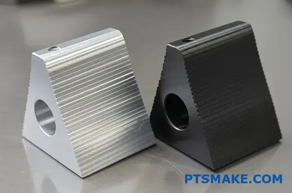 Dva eloxované hliníkové kusy s tenkou a tvrdou povrchovou úpravou vedľa seba