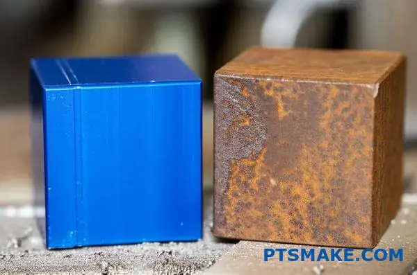 Podrobné porovnanie modro eloxovaného hliníkového povrchu a zhrdzaveného oceľového bloku