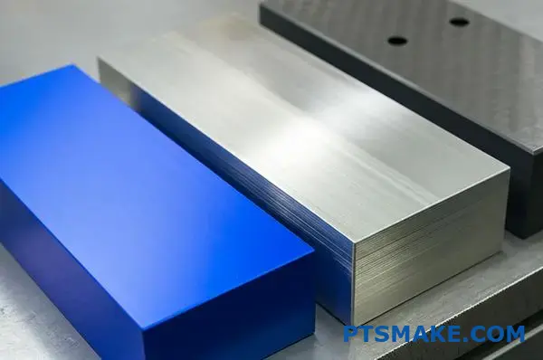 Modro eloxovaný hliníkový blok vedľa bloku z nehrdzavejúcej ocele a bloku z uhlíkovej ocele, odolný voči korózii