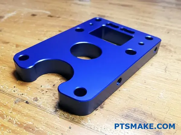 Modro eloxovaný hliníkový komponent s opracovanými otvormi a drážkami, matný povrch