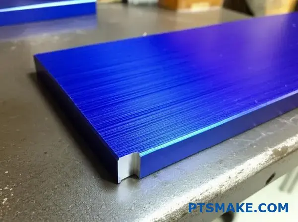 Podrobný eloxovaný hliníkový plech s modrou vrstvou tvrdého oxidu a odštiepeným okrajom