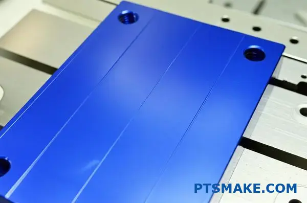 Modro eloxovaný hliníkový blok s hladkým povrchom, na ktorom je vidieť precízne opracovanie a kovový povrch