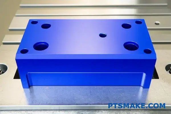 Modro eloxovaný hliníkový blok s kartáčovanou povrchovou úpravou, na ktorom je jasne viditeľný efekt eloxovania hliníka