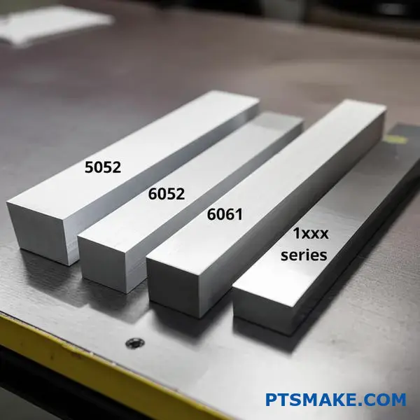 Various aluminum alloy bars showing anodized finish for 5052, 6061, and high-purity grades