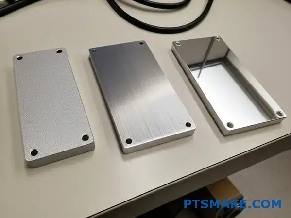 Aluminum samples displaying bead blasted, CNC machined, and polished surfaces before anodising