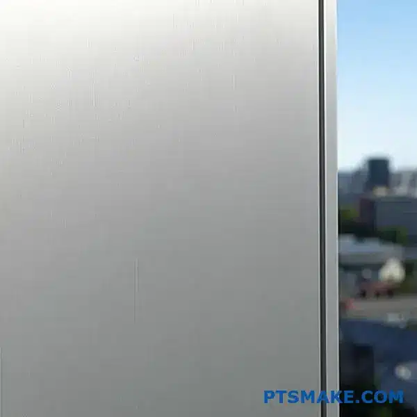 Anodized aluminium panel with weathered surface, showing fading and oxidation from outdoor exposure