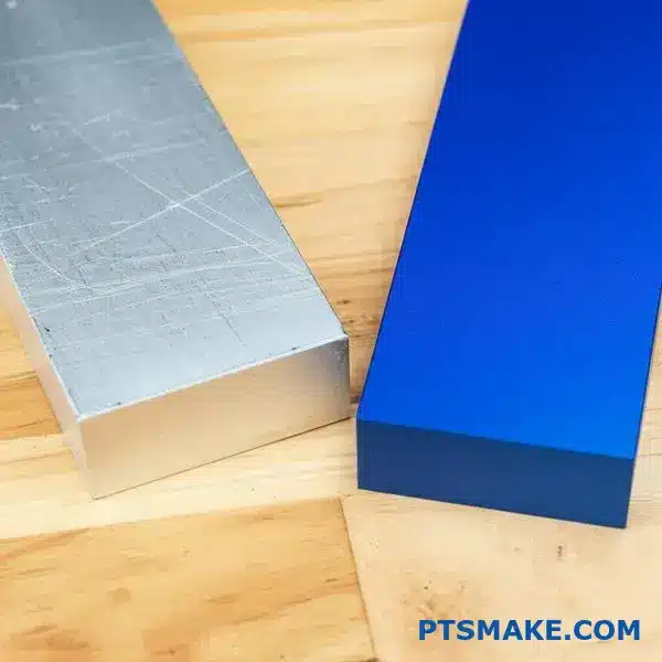 Comparison of untreated silver aluminum and blue anodised aluminum blocks showing different surfaces