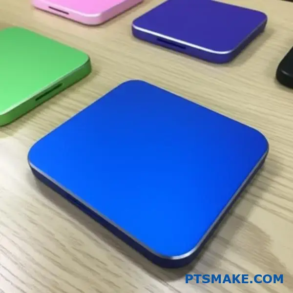 Blue matte anodized aluminium casing showing vibrant finish, surface dyeing