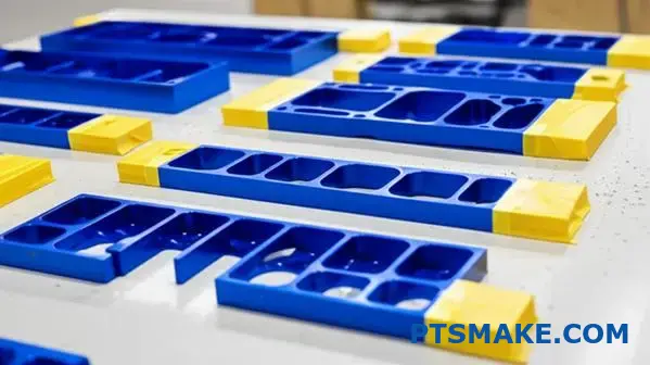 Assorted batch of aluminium parts with masked and anodised areas, masking and anodizing variations shown