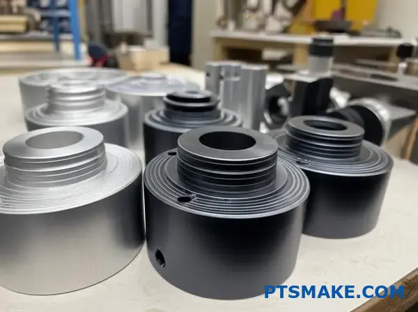 Aluminium pieces showing various anodised oxide coatings and thickness variations, highlighting protective anodising finishes