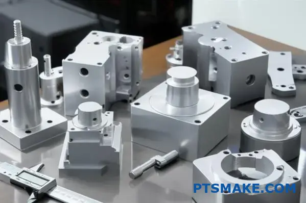 Várias peças maquinadas em alumínio de precisão que apresentam serviços de fabrico CNC de qualidade e capacidades de fabrico de metal