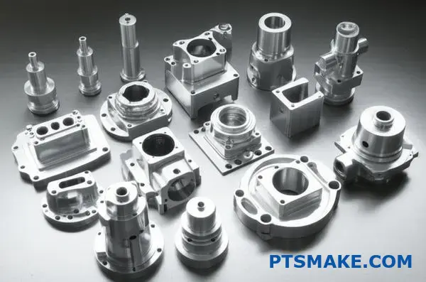 Olika CNC-bearbetade precisionskomponenter som visar olika komplexitetsnivåer för tillverkning i små serier