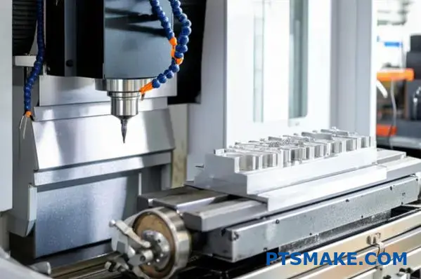 Professionell CNC-fräsmaskin som utför exakt bearbetning av små detaljer på aluminiumkomponenter i industriell verkstadsmiljö