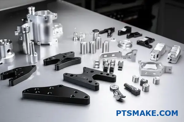 Olika små precisionsbearbetade delar och komponenter som visar CNC-tillverkningskapacitet för flera branscher