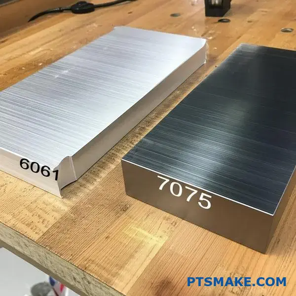 Dwa bloki ze stopu aluminium przedstawiające opcje materiałów do obróbki CNC do analizy porównawczej kosztów