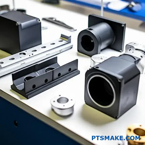 Wiele aluminiowych komponentów obrabianych CNC prezentujących różne procesy obróbki powierzchni i wykańczania na przemysłowym stole warsztatowym