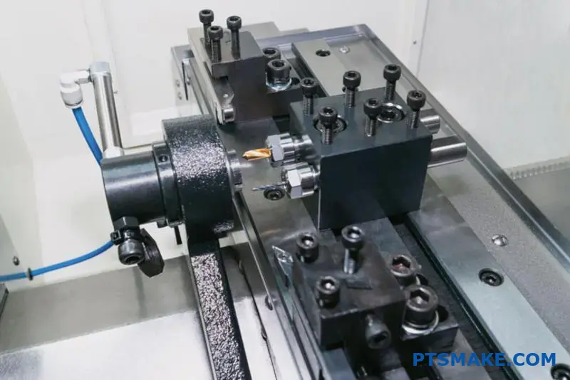 Kompakt CNC-fräsmaskin som utför precisionsbearbetning av små detaljer på aluminiumkomponent i modern verkstad