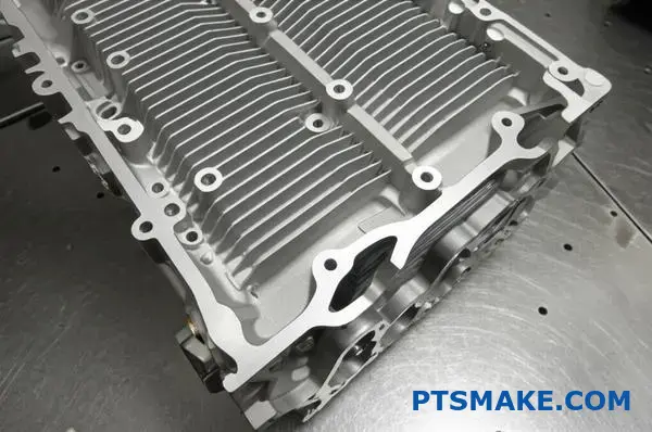 Precyzyjnie obrobiony aluminiowy blok silnika prezentujący możliwości obróbki cnc aluminium do zastosowań motoryzacyjnych