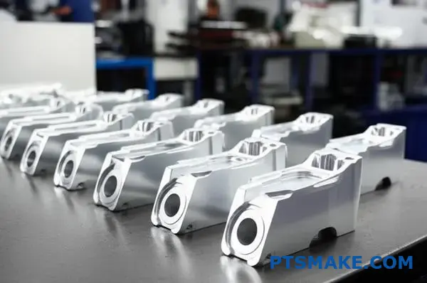 Multiple precision machined aluminum brackets demonstrating cost-effective automated manufacturing scalability and consistent quality