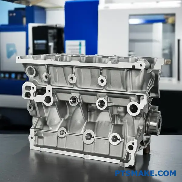 High precision CNC machined aluminum engine block showcasing automotive manufacturing excellence and volume production capabilities