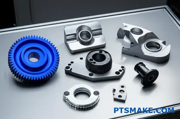 Various precision machined components displaying different materials and finishes for high volume manufacturing applications